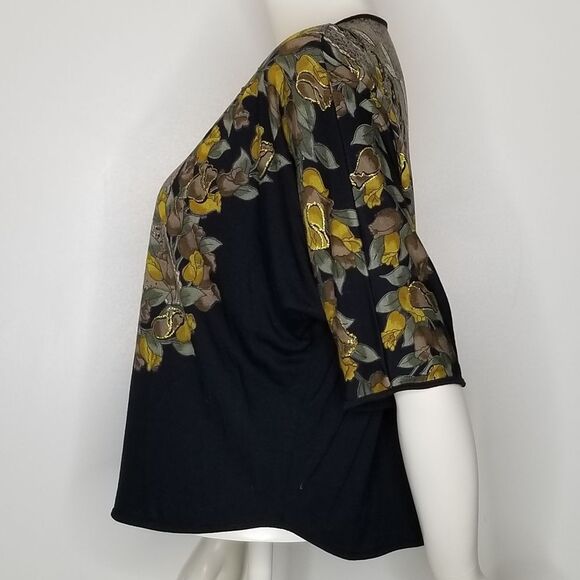 Womens Three-Quarter Sleeve Floral Print Black Gold Metallic Crop Top Size M/L - Picture 6 of 10